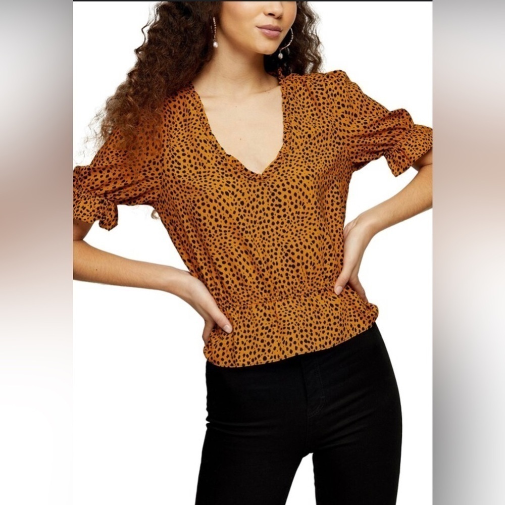 NEW Topshop Morgan Animal Print Ruffle Trim Peplum Top In Yellow Women’s Sz 2